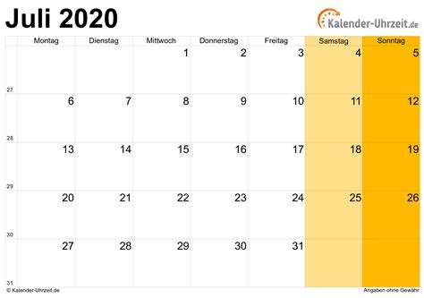 Juli 2020 Kalender mit Feiertagen .